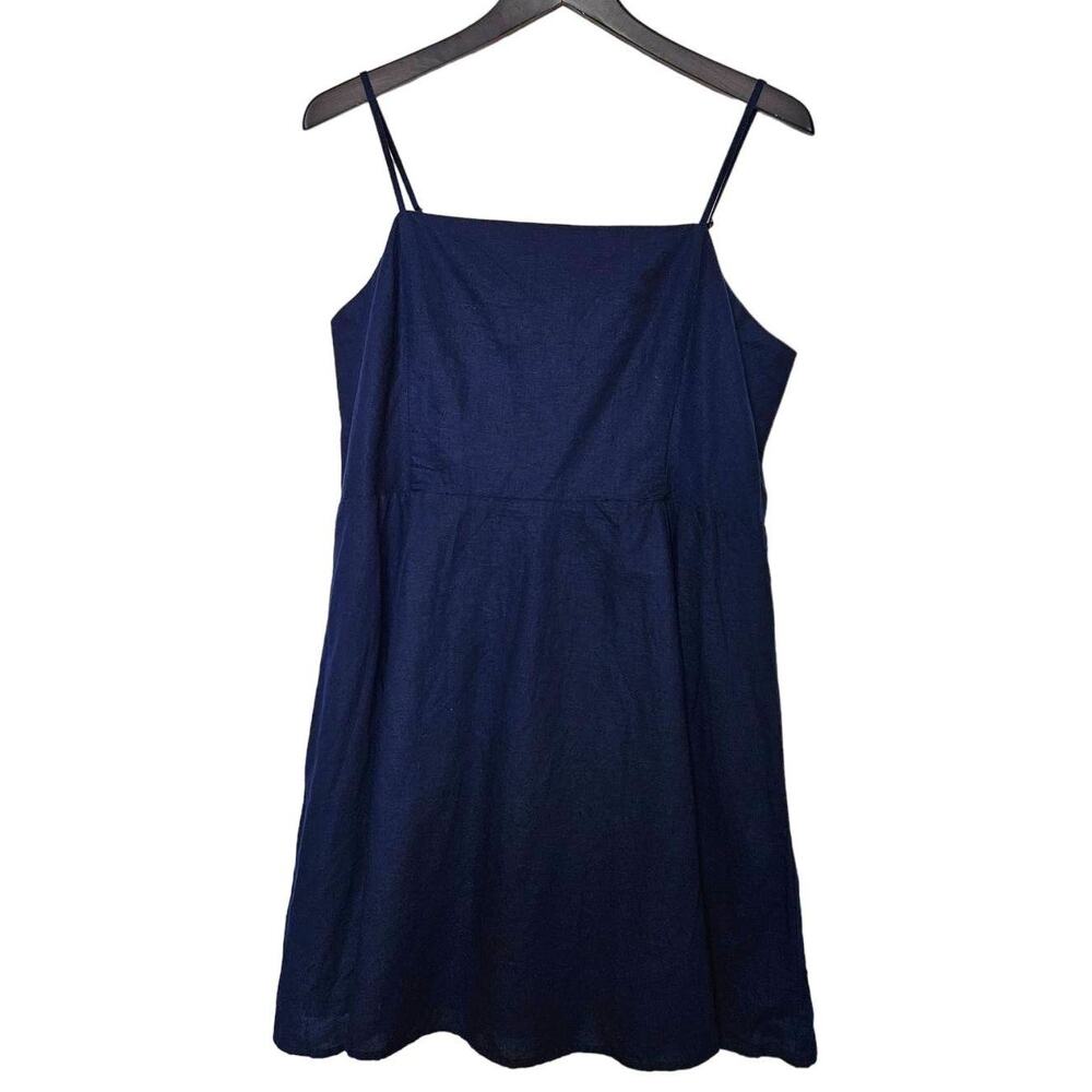GAP Linen Cotton Dress XS Fit Flare Rouched Mini Sundress Midi Navy Cottagecore